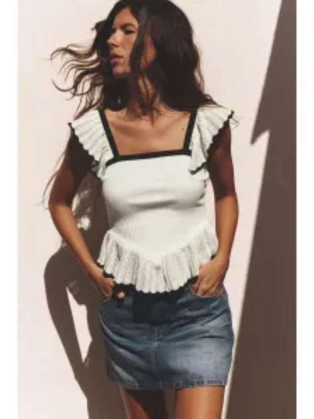 Zara White Ribbed Ruffle Peplum Top Square Neck Contrast Trim